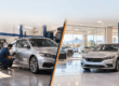Two Technicians Service Silver Sedans in a Bright Auto Shop, One Kneeling to Work on a Door Panel and the Other at a Laptop by a Car on a Lift (split View).