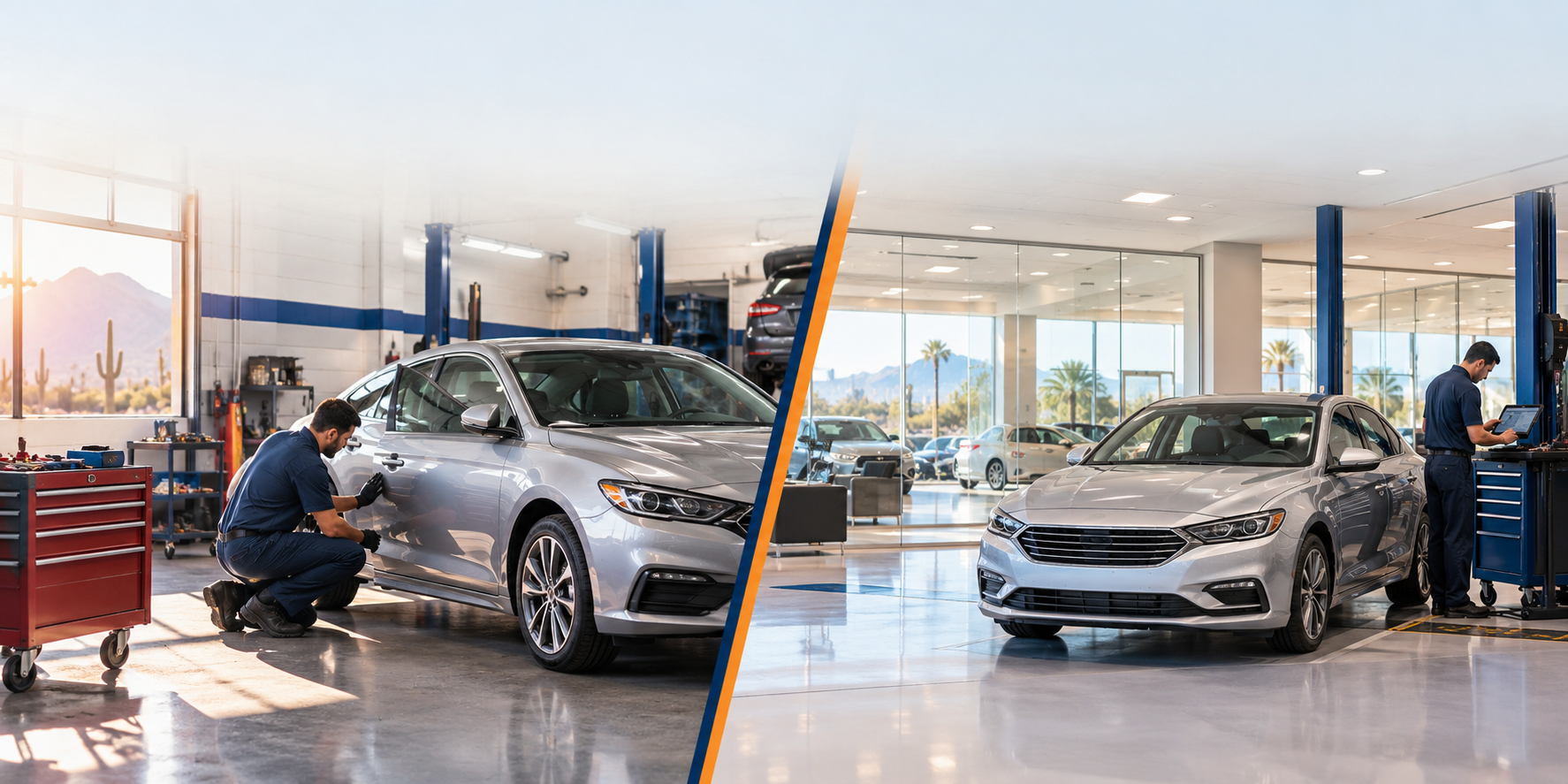 Two Technicians Service Silver Sedans in a Bright Auto Shop, One Kneeling to Work on a Door Panel and the Other at a Laptop by a Car on a Lift (split View).